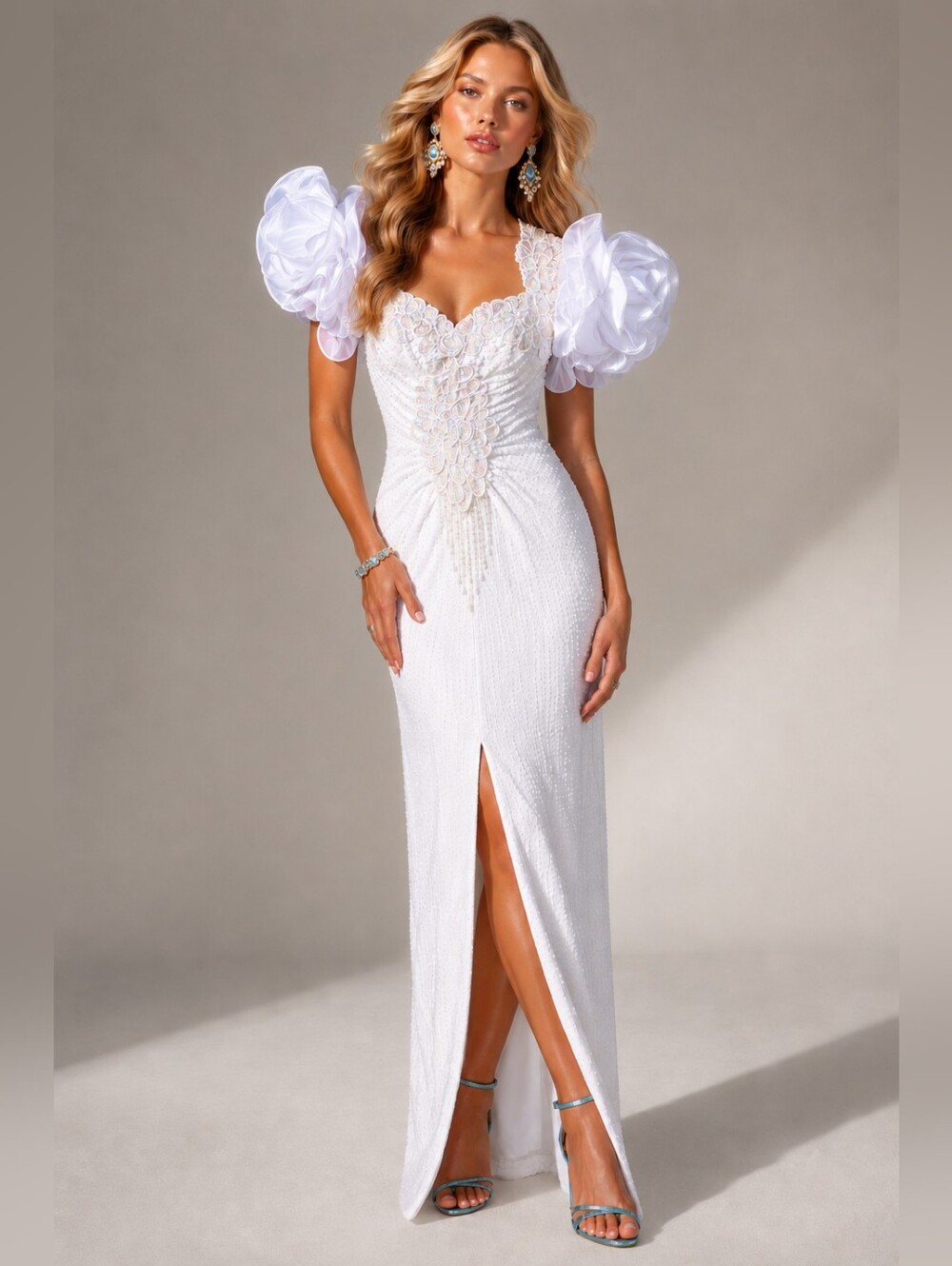 STUNNING 90s Vintage Alyce Designs Beaded Prom Bridal Gown Puff Sleeves Size 8